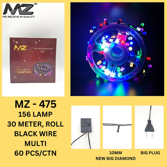 MZ-475, 156 LAMP, 30 METER, BLACK WIRE, NEW BIG DIAMONG, (ROLL), MULTI