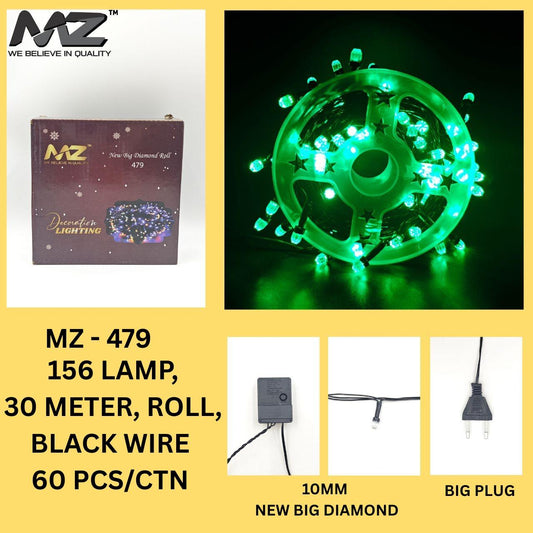 MZ-479,156 LAMP, 30 METER, BLACK WIRE, NEW BIG DIAMONG, (ROLL) GREEN