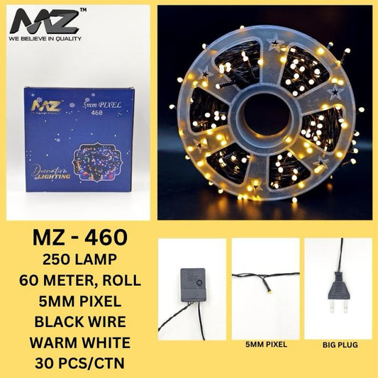 MZ-460, 250 LAMP, 60 METER, BLACK WIRE, 5MM PIXEL, WARM WHITE, (ROLL)