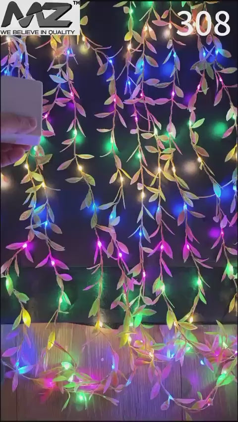 MZ-308, 200 LED, 10 LINE, LEAF CURTAIN, MULTI (PINK/GREEN LEAF)